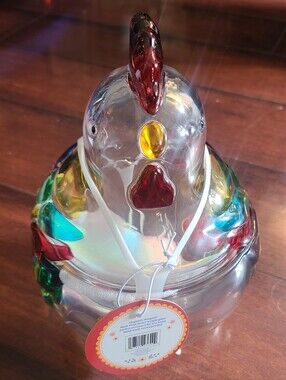 Gourmet Kitchen COLORFUL ROOSTER GLASS JAR W/LID -8” 25 Oz Capacity - NEW